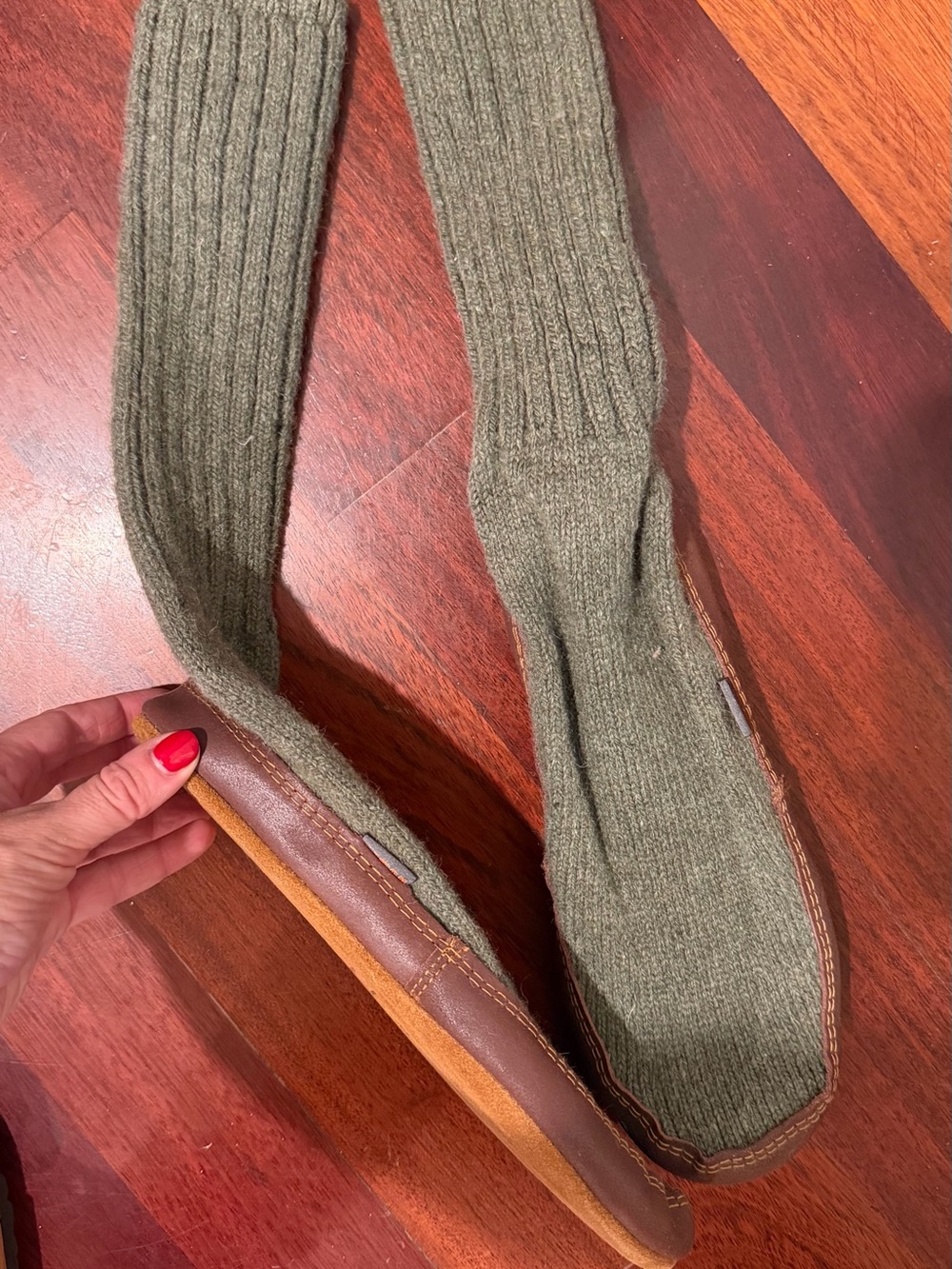 Acorn Knit Wool Slipper Socks in Olive Green